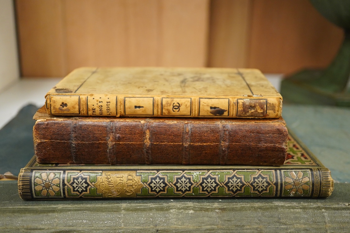 A Victorian scrap book to include hand coloured zoological engravings, together with three books to include ‘The Kings Lyrics’, published 1900